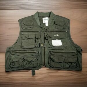 Vintage Ausable Fly Fishing Utility Vest Men XL Green Full Zip Pockets Sport